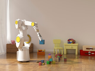 Robot arm tidying up toys in children's room with futuristic technology
