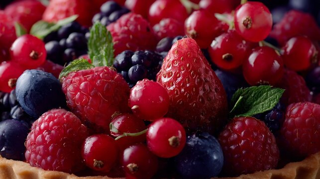 Delicious berry tart with fresh raspberries, strawberries, and blueberries displayed beautifully
