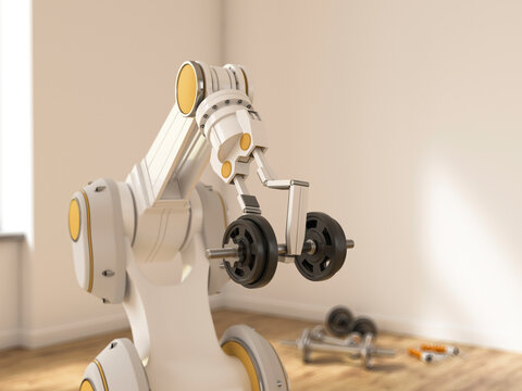 Robot arm lifting dumbbell in modern indoor gym setting