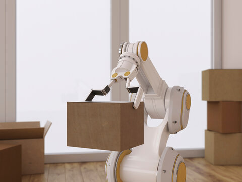 3d robot arm moving cardboard box indoors highlighting automation and technology