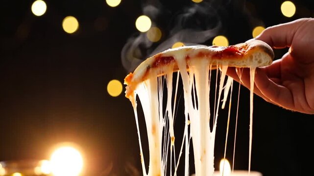 Melted mozzarella pizza on cutting board, hand raises slice with long gooey cheese strings