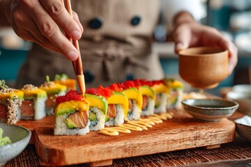 Sushi chef is preparing a plate of sushi with a variety of ingredients, including avocado, salmon, and red sauce. The sushi is arranged on a wooden board