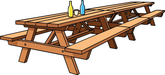 Wooden Picnic Table with Bottles and Cups on White Background