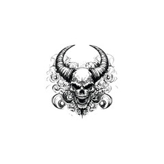 Aggressive dark illustration of a demonic skull with large, curved horns, surrounded by swirling decorative smoke or gothic elements