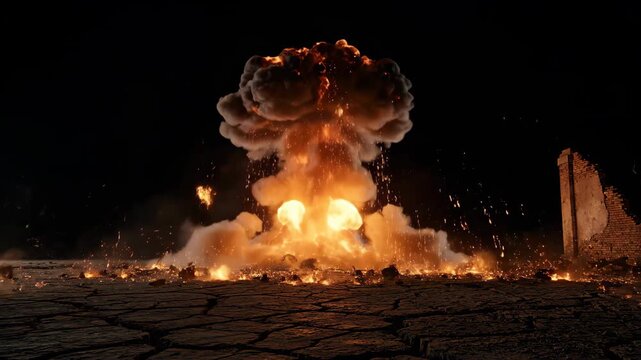 A dramatic atomic explosion with a massive fireball and glowing embers against a dark background, conveying intense power and destruction.