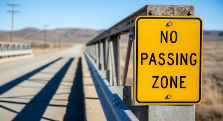 Bridge No Passing Zone Sign Displayed On a Sunny Day, Warning on the Road
