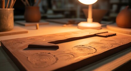 Obraz premium Clay Sculpture Arrow Illuminated on Table Ready For Crafting and Artistic Creation