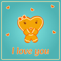 Heart-shaped gingerbread girl, icing, I love you, Valentine's Day, card, love, romance, February 14, holiday