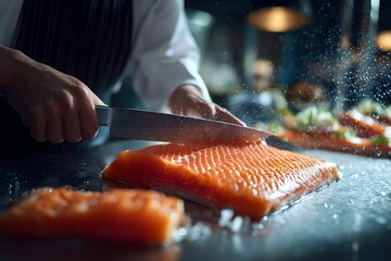 Person is cutting a piece of salmon with a knife. The salmon is on a cutting board and there are other pieces of salmon on the board as well