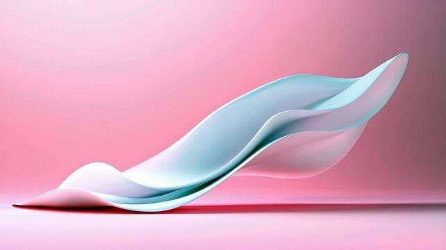 A smooth, flowing abstract form in light blue and white, resembling fabric or liquid, curves gracefully against a soft pink gradient background.