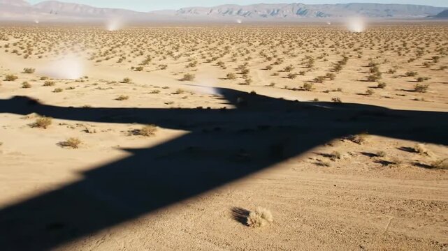 Plane shadow over desert, with dust devils forming in hot, open landscape, for travel or documentaries