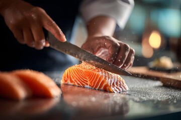 Chef is cutting a piece of salmon with a knife. The knife is sharp and the salmon is cut into slices