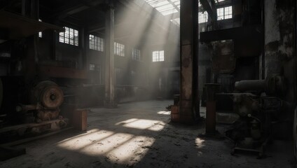 Fototapeta premium Sunlit interior of an abandoned industrial building with exposed structure