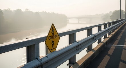 Bridge Safety Caution Sign Over River With Misty Atmosphere At Sunrise