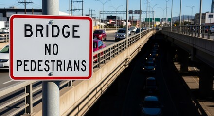 Bridge Safety Regulations: Pedestrian Prohibition Sign On A Busy Highway, No Crossing