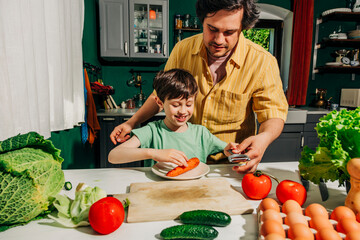 Father and son cooking together in a kitchen with eco vegetables