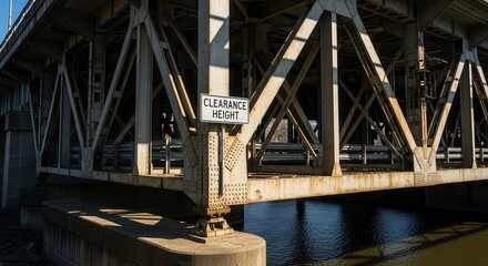 Bridge Structural Design Showing a Clearance Height Sign Against Sunlight and Water Reflection