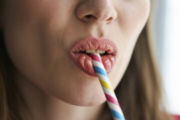 A young woman holds a straw in her mouth and drinks a smoothie.