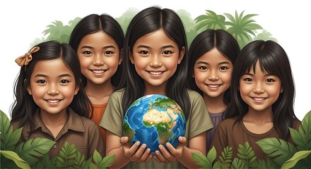 Group of asian girls holding earth globe
