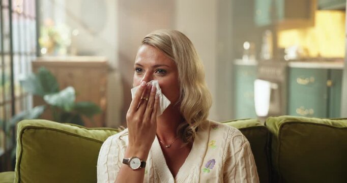 Woman, sneeze or blowing nose on sofa with tissue for influenza, health problem and virus symptoms. Sick person, allergies or illness in house with toilet paper for hayfever, cold or sinus infection.