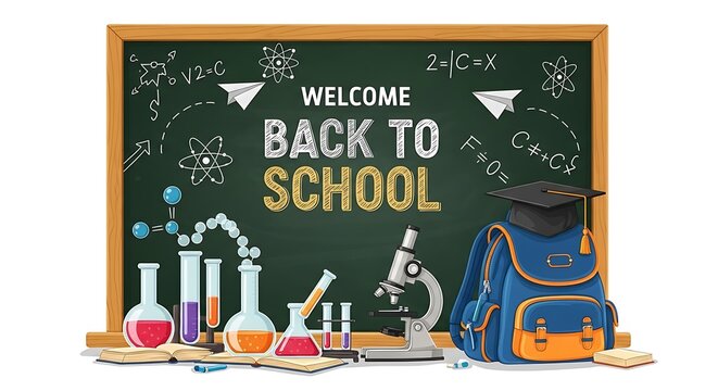 Welcome back to school chalkboard with science equipment and backpack - Powered by Adobe