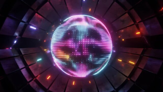 Glowing Digital Sphere in a Futuristic Neon Tunnel Loop.