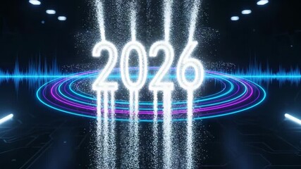 2026 glowing neon numbers digital particles futuristic sound wave energy circles abstract - Powered by Adobe