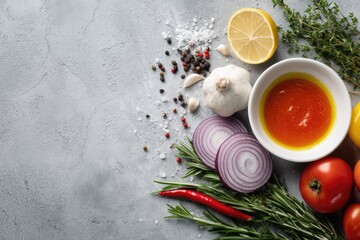 Culinary composition featuring fresh ingredients herbs, vegetables, spices, and citrus