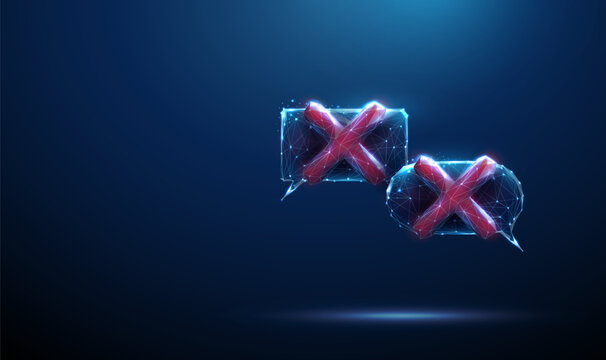 2 speech bubbles with cancel marks inside. Disagreement, blocked communication, feedback filtering, conflict signal, communication breakdown, decision denial concept.