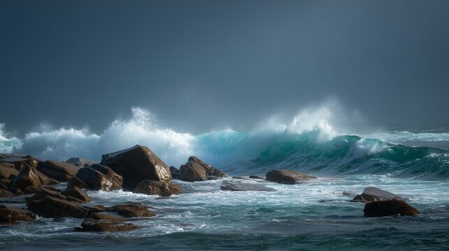 Waves crashing over rocks at the coastline during a cloudy day