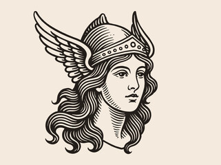 Winged warrior goddess profile engraving style vector illustration