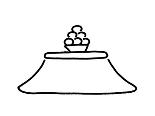 手描きのシンプルなこたつと蜜柑の線画　モノクロ・正月・冬休み