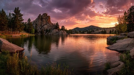 Fototapeta premium Serene Castle Rock Scenic: Sunset Colors over a Rocky Outcrop and Quiet Lake