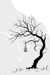 A surreal illustration of a lonely figure trapped in a hanging cage beneath a twisted barren tree, symbolizing isolation, confinement, and the struggle for emotional freedom in a bleak landscape.