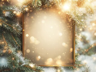 Square frame with golden gradient on snow and pine branches background, blank space for text, ideal for festive cards, social media posts, and banner designs.