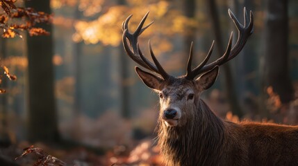 Serene red deer stag in sunlit autumn woods, leaves framing the scene