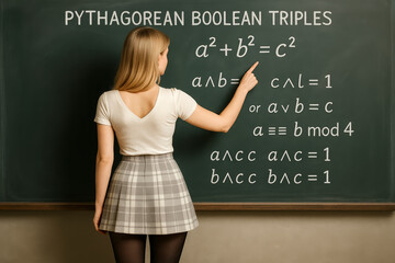 Professor pointing at chalkboard with Boolean Pythagorean triples equations