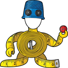 Cartoon character made from sewing notions including a thimble tape measure and buttons