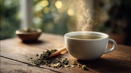Serene tea moment: cup of green tea, steam rising, scattered leaves, and natural window light