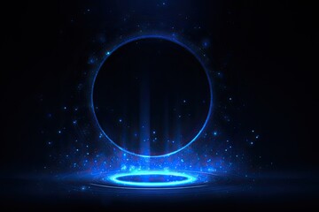 A glowing blue portal hovers over a lit platform, surrounded by sparkling particles