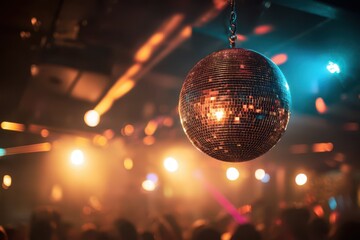Obraz premium Shimmering disco ball casting colorful reflections over a crowded dance floor