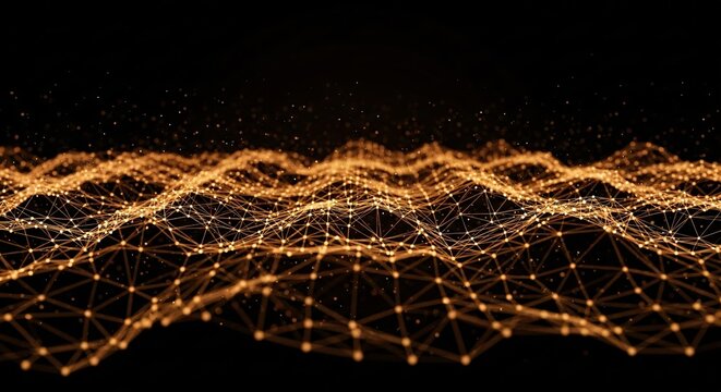 Abstract digital network structure with golden nodes and connections on black