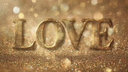 Shimmering metallic typography on a glittery backdrop with soft bokeh