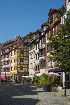 Historic frame houses in Wei�gerbergasse Nuremberg on a sunny day