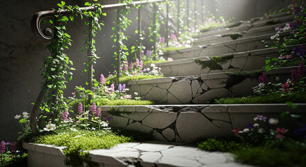 Light Dusting the Surface of a Cracked, Abandoned Staircase with Mossy Steps and Wildflowers