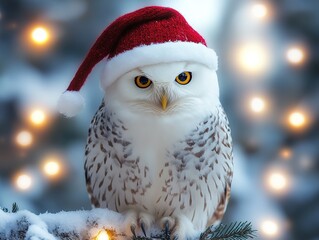 White owl wearing red Christmas hat on snowy tree branch with twinkling lights and frost background, vector illustration for Christmas cards, social media, or holiday decorations.