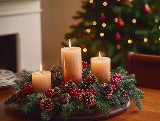 Christmas table centerpiece with candles, evergreen branches, red berries, and pine cones, Christmas tree in background with warm natural lighting, high-resolution photograph.
