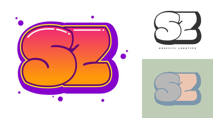 SZ logo design for festival or party. Initial letter s and z in graffiti style. Creative modern lettering company name of font typography. Kids trendy logotype or identity.