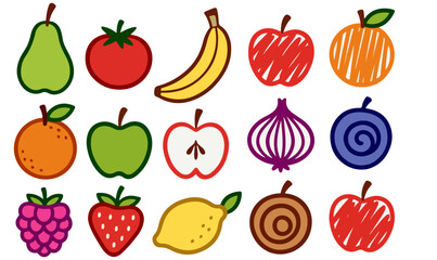 Colorful Outline Fruit Illustration Set, outline fruit icons, colorful fruit drawings, simple fruit illustration, cartoon fruit set, bright fruit outlines, minimal fruit artwork, pear outline, tomato,