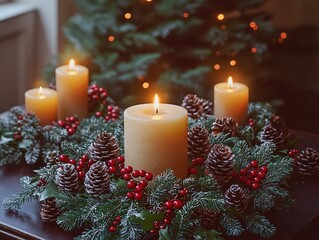 Christmas table centerpiece with burning candles, decorated with evergreen branches, red berries and pine cones, decorated Christmas tree in background with warm natural lighting